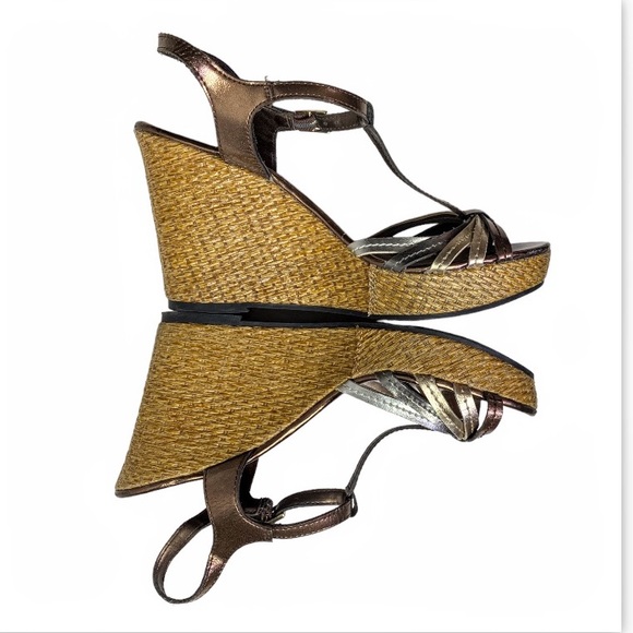 Montego Bay Club Metallic Gold, Bronze & Silver Strappy Wedge Sandals Size 9 - Picture 7 of 16